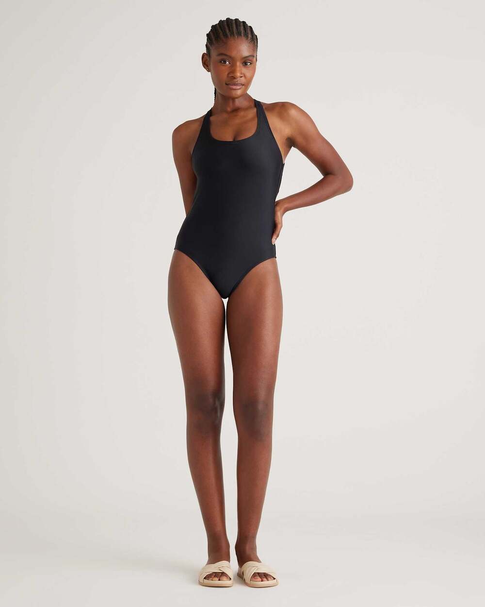 NWT Quince Black Italian Cross-Back One-Piece Swimsuit Women's Size Large